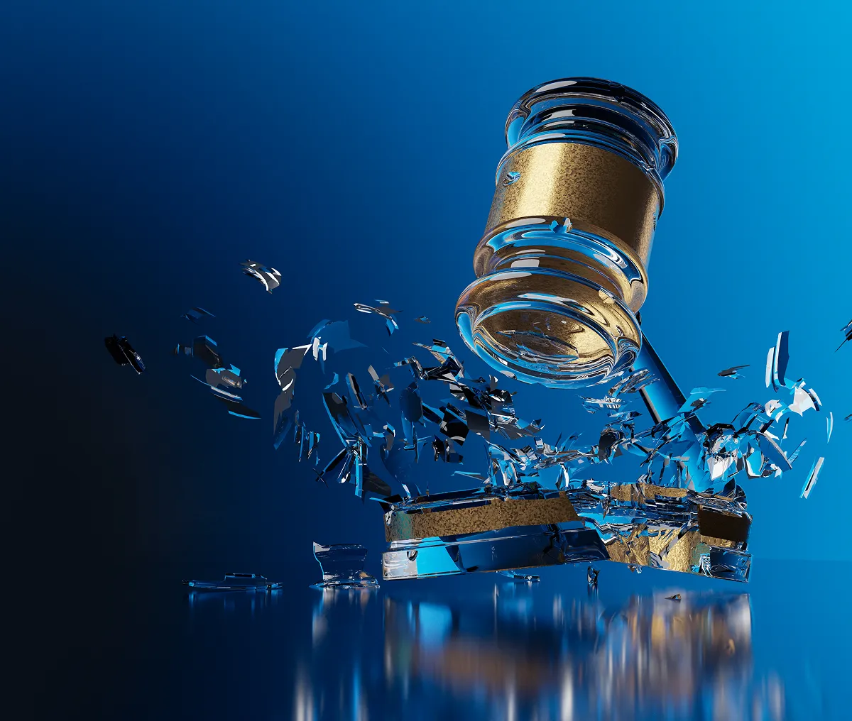 Gavel shattering glass in mid-air